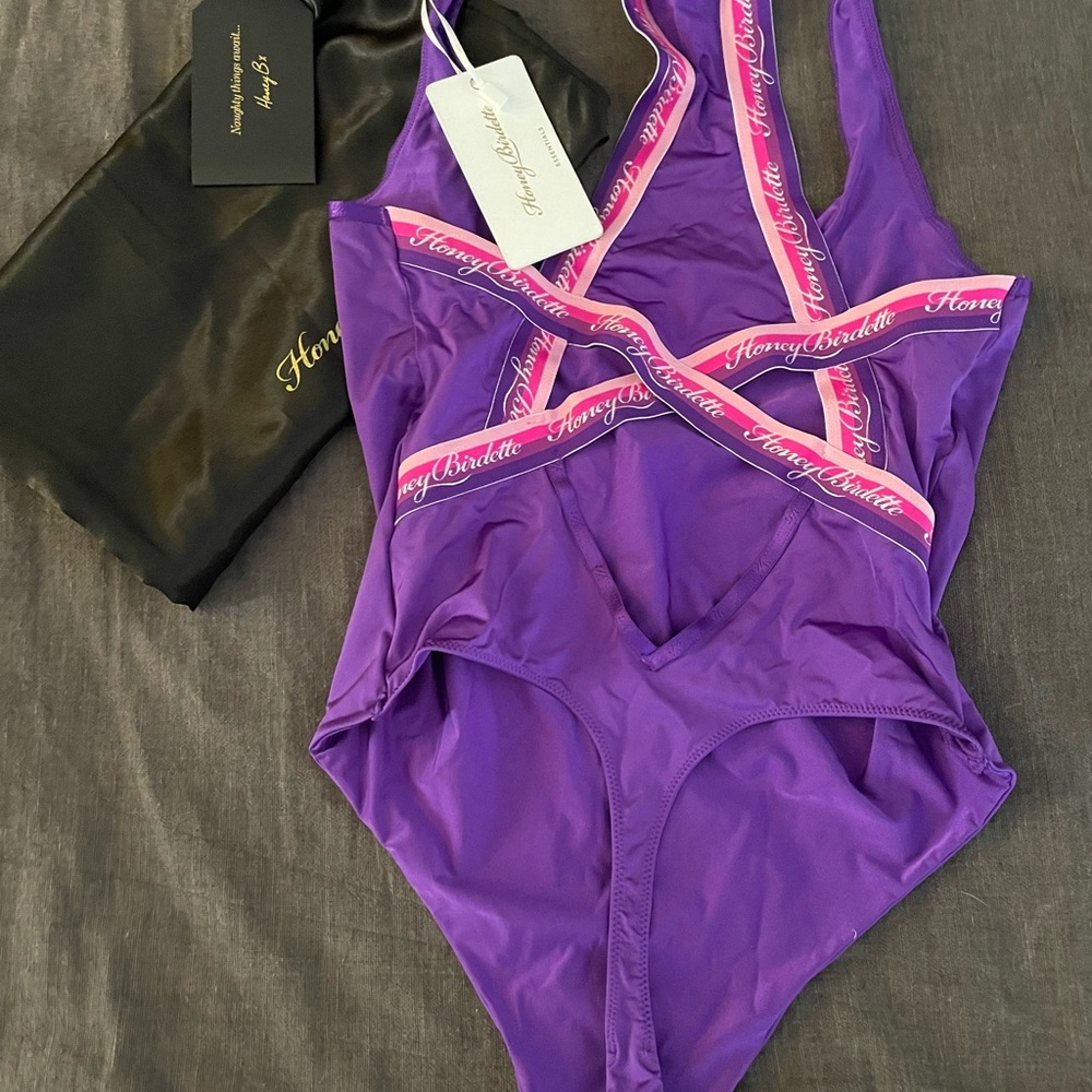 Honey Birdette New Playsuit Purple Lingerie Set with Pink Accents